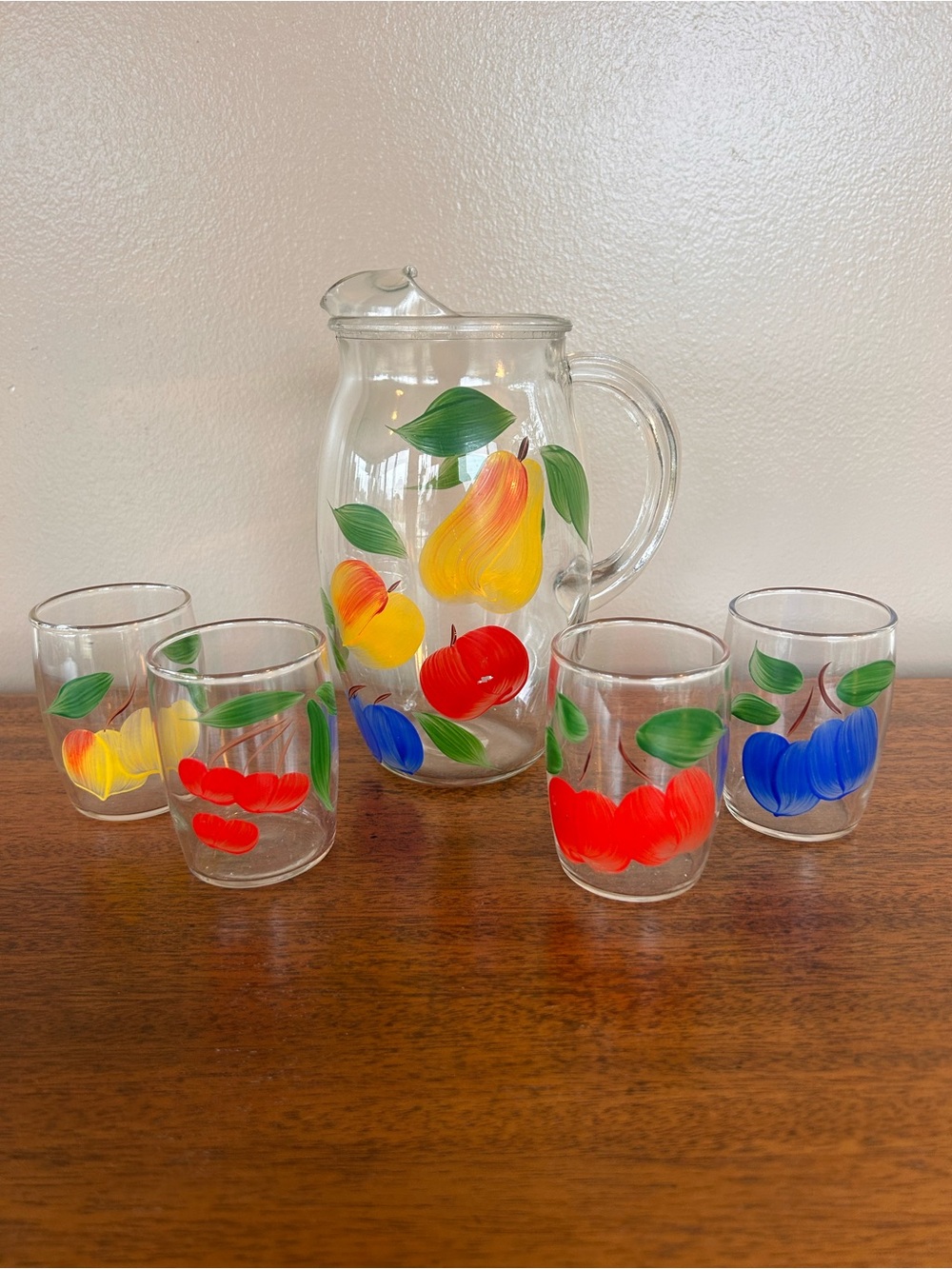 Vintage Bartlett Collins Hand Painted Fruit Juice Pitcher with 4 Glasses Gay Fad